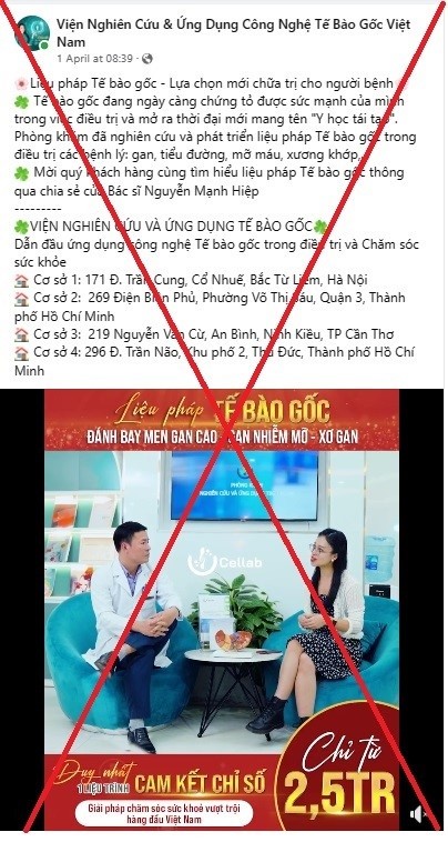 Trang facebook “Viện Nghiên cứu & ứng dụng công nghệ tế bào gốc Việt Nam” quảng cáo trái phép nhiều nội dung như: tế bào gốc - Liệu pháp đột phá phục hồi sức khỏe, đánh bay men gan cao - gan nhiễm mỡ - xơ gan… (ảnh: Sở Y tế TP HCM)