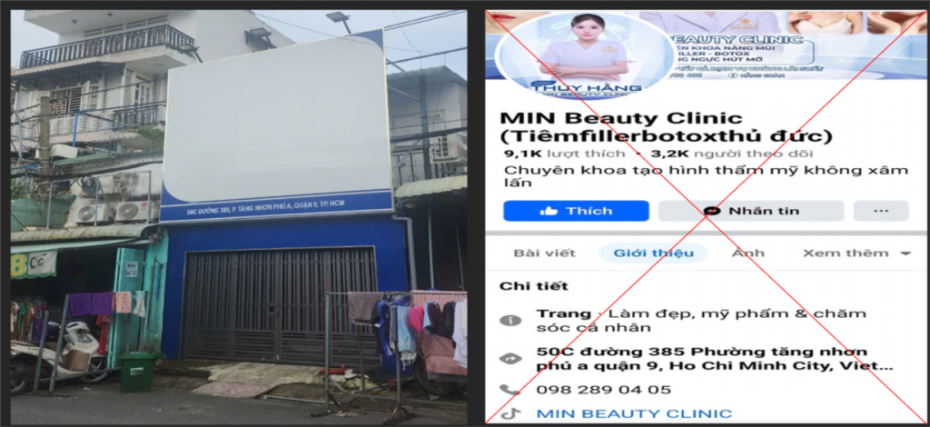 Cơ sở đóng cửa, dời đi sau khi xảy ra tai biến cho khách hàng và trang quảng cáo của MIN Beauty Academy tại địa chỉ số 50C Đường 385, phường Tăng Nhơn Phú A (ảnh: Sở Y tế)