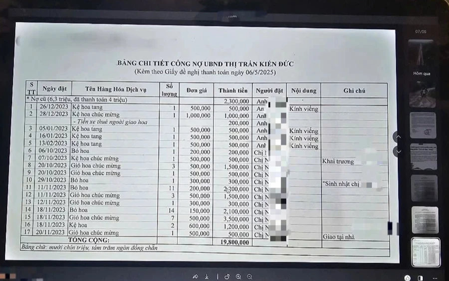 Bảng kê số tiền công nợ của UBND thị trấn Kiến Đức.