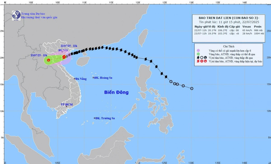 Theo Trung tâm Dự báo Khí tượng Thủy văn Quốc gia, vào lúc 11h trưa 22/7, tâm bão số 3 nằm trên khu vực đất liền các tỉnh Hưng Yên - Ninh Bình, có vị trí khoảng 20,1 độ Vĩ Bắc và 106,2 độ Kinh Đông. Sức gió mạnh nhất vùng gần tâm bão đạt cấp 8 (62-74km/h), giật cấp 10. Bão di chuyển theo hướng Tây Tây Nam với tốc độ 10-15km/h. a10.jpg