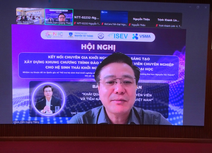 TS Đàm Quang Thắng, Chủ tịch Hội đồng cố vấn khởi nghiệp Quốc gia chia sẻ trực tuyến tại khóa đào tạo. Ảnh: Hà An. dam-quang-thang.jpg