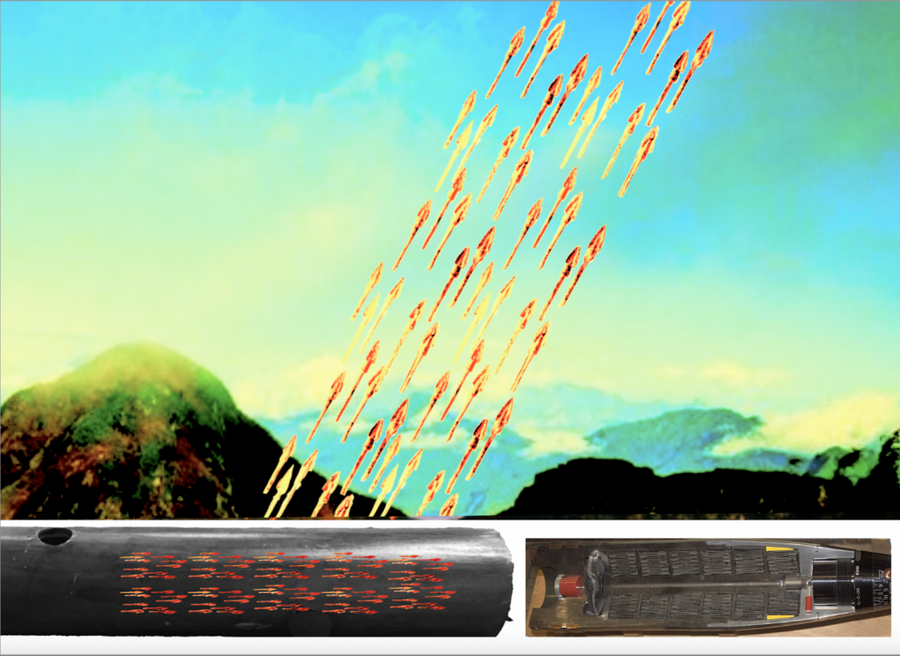 Nỏ thần bắn được cùng lúc cả vạn mũi tên đồng Cổ Loa nhờ cơ chế đặt tên như cách đặt đinh trong pháo rải đinh ngày nay: trong ống các mũi tên đặt cạnh nhau và nhiều lớp tên. no-than-dan-rai-dinh-ban-120250819094534.png