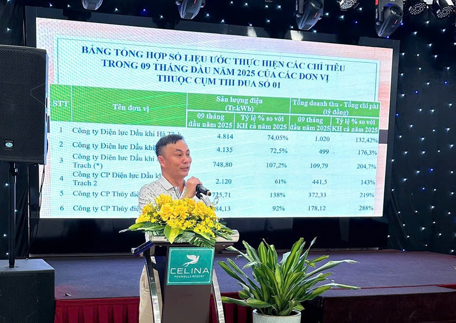 Ông Nguyễn Mậu Cảm – Phó Giám đốc Công ty Điện lực Dầu khí Hà Tĩnh, Cụm trưởng Cụm thi đua số 1 báo cáo tình hình sản xuất 9 tháng đầu năm của các đơn vị. z7003533617421-b767fd6704b014a1a58c595001240a18.jpg