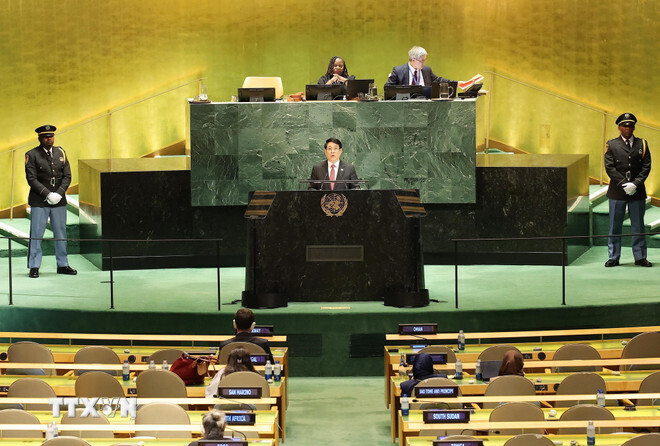 Chủ tịch nước Lương Cường phát biểu tại Phiên Thảo luận chung cấp cao Đại hội đồng Liên hợp quốc Khóa 80. (Ảnh: Lâm Khánh/TTXVN)