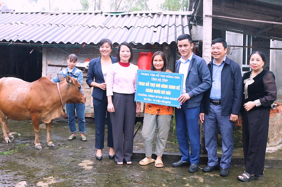 Ngành chức năng trao tặng mô hình sinh kế chăn nuôi bò nái cho hộ nghèo ở xã Đức Thọ. (Ảnh: Thanh Tình)