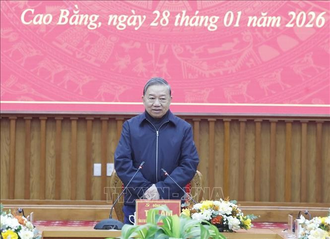 Tổng Bí thư Tô Lâm phát biểu tại buổi làm việc với Ban Chấp hành Đảng bộ tỉnh Cao Bằng. Ảnh: Thống Nhất/TTXVN