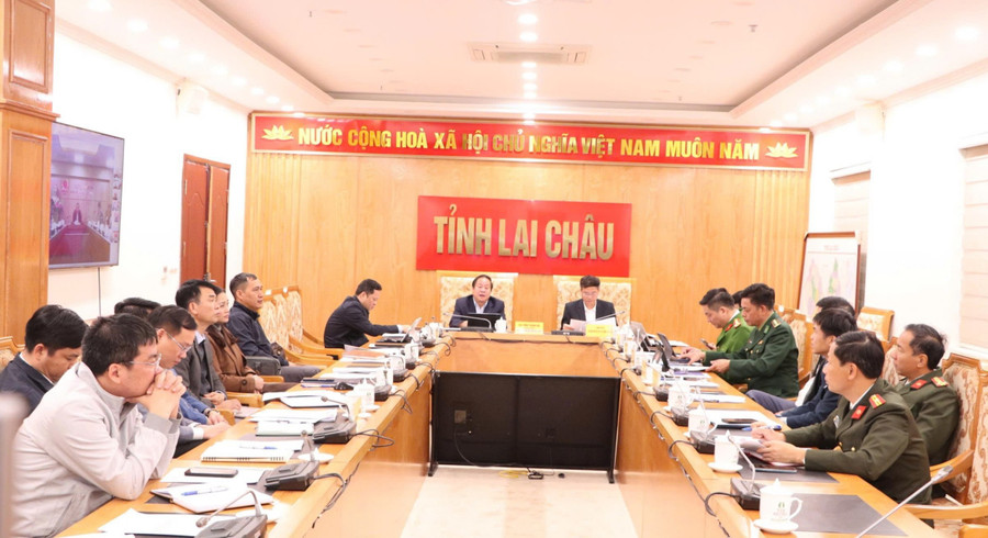 Điểm cầu UBND tỉnh Lai Châu tham dự Hội nghị.