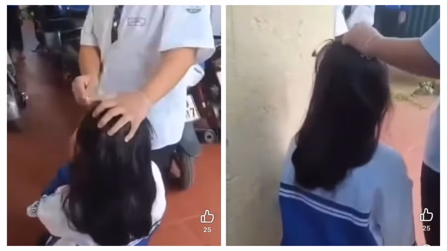 Nữ sinh bị túm tóc, bắt quỳ gối trước sự chứng kiến của nhiều học sinh khác. (Ảnh: Cắt từ clip) 2aobor3no2tryez6t67wcuoll7cdoycmt5dxcu76.jpg